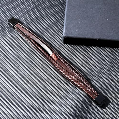 Grevosea Men's Braided Bracelet, Adjustable Brown Knot Mens Leather Multi-strand Bracelet Gift for Husband Boyfriend - color: Brown