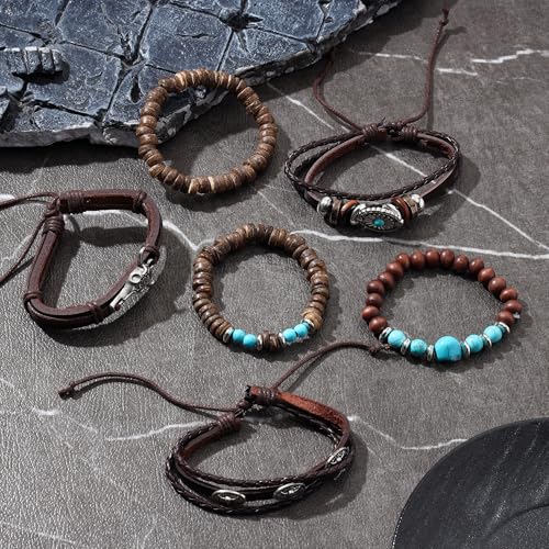 Braided Faux Leather Bracelet Punk Cuff Wrap Bracelets for Men Women Skull,Star,Bull bracelets - color: A5:6PCS