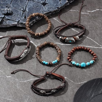 Braided Faux Leather Bracelet Punk Cuff Wrap Bracelets for Men Women Skull,Star,Bull bracelets - color: A5:6PCS