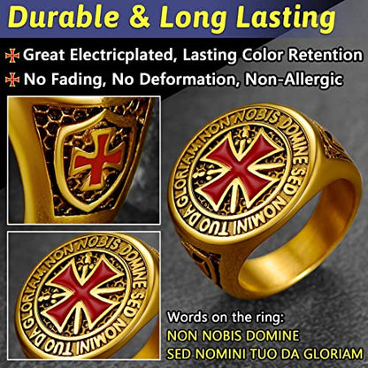 FaithHeart Mens Stainless Steel Crusader Jerusalem Cross Ring with 18K Gold Plated Two Tone Ring Size 7,8,9,10,11,12 - color: 02. Crusader Cross-Gold