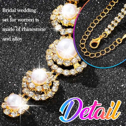 Nicute Pearl Jewelry Set Sparkly Rhinestone Necklace Earrings Sets Prom Costume Bridal Jewelry Set for Women - color: Gold