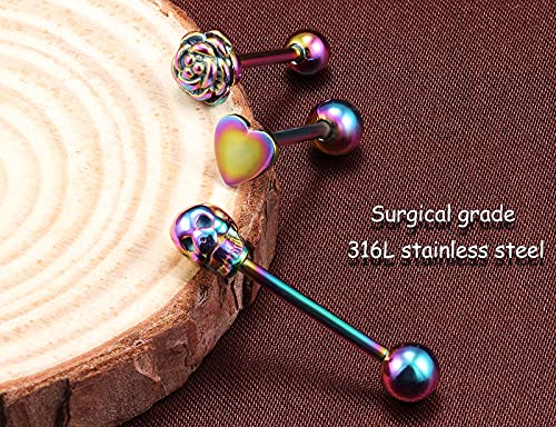 Prjndjw Jewelry, 5/8in(16mm) L, 14G Tongue Piercing Barbells Multicolor Surgical Stainless Steel Long Nipple Piercing Barbells Body Jewelry for Women - color: Rainbow