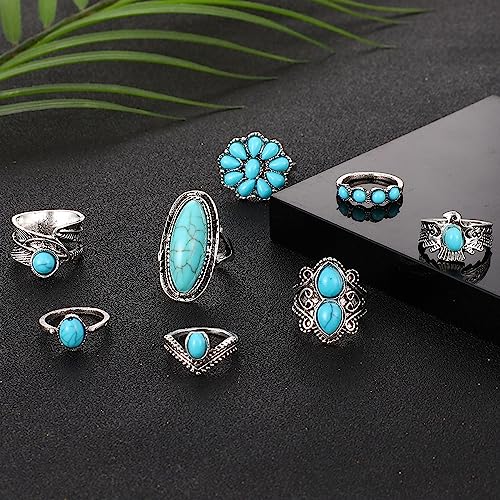 Airvess Vintage Knuckle Rings Set, Chunky Turquoise Stackable Rings, Silver Joint Finger Stacking Rings, Bohemian Western Jewelry for Women - style: 8 Pcs-1
