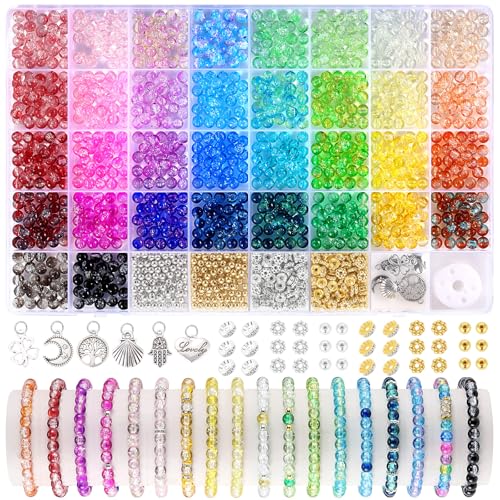 Funtopia Glass Beads Bracelet Making Kit, 1396pcs 6mm Crackle Glass Beads | 34 Colors Round Crystal Beads for Bracelets Jewelry Making DIY Crafts with Spacer Beads and Charms - color: #4 Crackle Patterns, size: 6mm