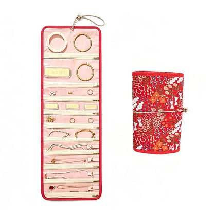 Embroidery Jewelry Roll Organizer Travel Jewelry Storage Roll Case Foldable Small Jewelry Pouch Jewelry Roll up Bag for Journey Rings, Necklaces, Earrings, Bracelets (Red) - color: Red