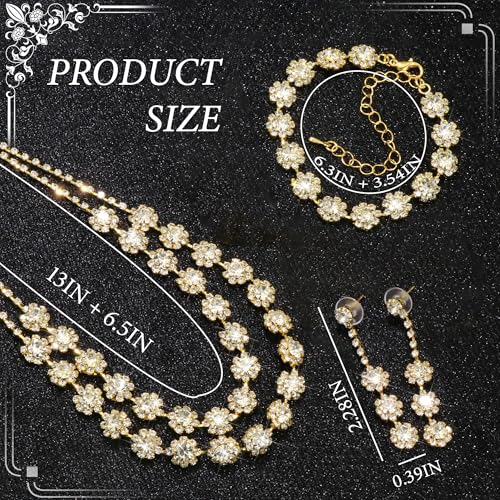 Rhinestone Jewelry Set Crystal Pearl Necklace Bracelet Earrings | Sparkly Necklace Dangle Earrings,Wedding Prom Formal Costume Jewelry Sets for Women - color: Gold7