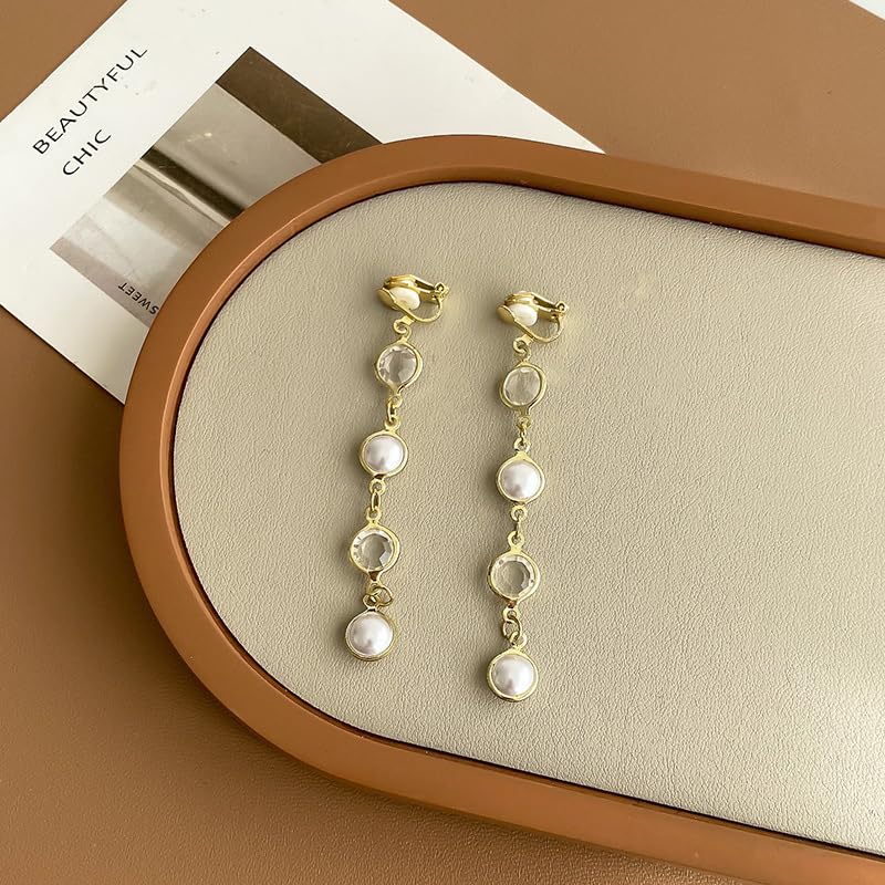 18K Gold Plated Clip On Pearl and CZ Crystal Dangle Earrings for Women, Long Drop Earrings with Round Faux Pearl and Clear Faceted Stone Links, Non Pierced Lightweight Statement Jewelry