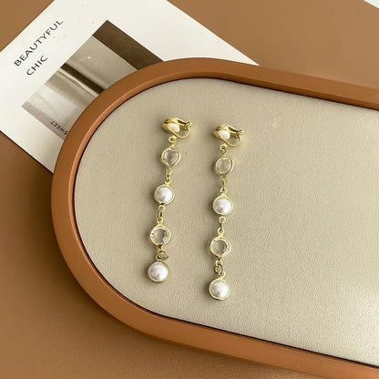 18K Gold Plated Clip On Pearl and CZ Crystal Dangle Earrings for Women, Long Drop Earrings with Round Faux Pearl and Clear Faceted Stone Links, Non Pierced Lightweight Statement Jewelry