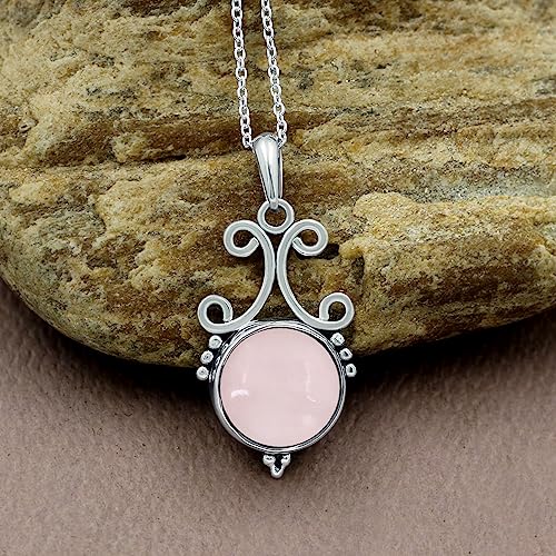 Natural Round Gemstone Pendant Necklace for Women, 925 Sterling Silver | Solitaire Birthstone Jewelry With 18 Inch Chain, Handmade Semi Precious Stone Pendant, Jewelry Gift for Mom, Wife & Sister - color: Rose Quartz