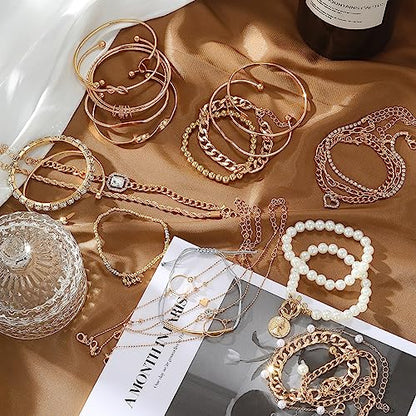 IFKM 6 PACK (24 PCS) Boho Gold Chain Bracelets Set for Women, 14K Gold Plated Multiple Layered Stackable Open Cuff Wrap Bangle Adjustable Link Italian Cuban Jewelry for Women Gift - style: 27PCS Gold Thin Chain
