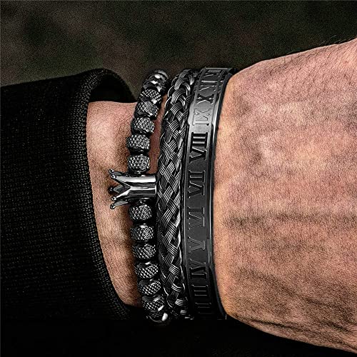 3pcs/set Classical Handmade Braiding Bracelet Hip Hop Men Pave CZ Leopard Head Roman Numeral Bracelet Stainless Steel Jewelry - color: 3pcs C Crwon Black