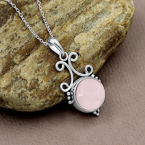 Natural Round Gemstone Pendant Necklace for Women, 925 Sterling Silver | Solitaire Birthstone Jewelry With 18 Inch Chain, Handmade Semi Precious Stone Pendant, Jewelry Gift for Mom, Wife & Sister - color: Rose Quartz