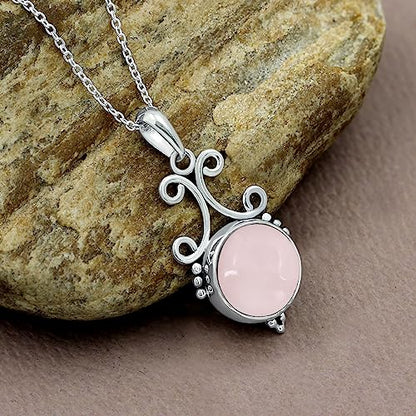 Natural Round Gemstone Pendant Necklace for Women, 925 Sterling Silver | Solitaire Birthstone Jewelry With 18 Inch Chain, Handmade Semi Precious Stone Pendant, Jewelry Gift for Mom, Wife & Sister - color: Rose Quartz