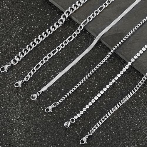 6PCS Ankle Bracelets for Women18K Gold Plated Stainless Steel Waterproof Layered Herringbone Figaro Bead Paperclip Rope Tennis Box Cuban Link Rolo Satellite Chain Anklets Set Gold Tone - style: C:Silver Tone
