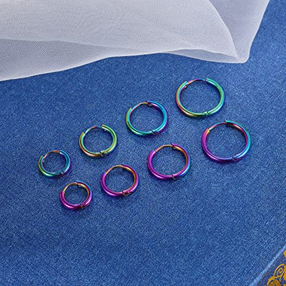 316L Surgical Stainless Steel Small Hoop Earrings 8mm 10mm 12mm 14mm Hypoallergenic Huggie Hoop Earrings Helix Lobes Hinged Sleeper Earrings Cartilage Piercings - color: H: Rainbow (Diameter 8mm/10mm/12mm/14mm),4 Pairs