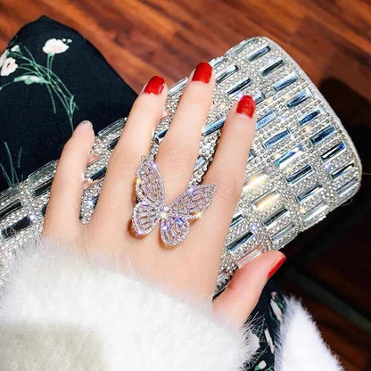 Butterfly Rings for Women Adjustable Golden Cocktail Ring Sparkly Stones Statement Silver Bow Open Wrap Bow Jewelry Bridesmaids Wedding Valentine’s Day Gift Lover Mother - color: JZ03-Silver