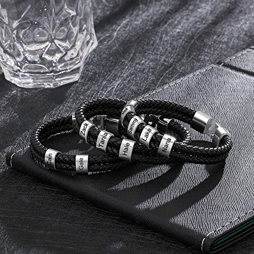 Personalized Braided Leather Bracelet with Photo Custom Name Beads Cuff Bangle Jewelry Gifts for Men Dad Husband Grandpa Fathers Day - color: Style 2--White-8.5inch
