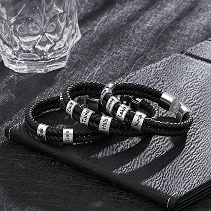 Personalized Braided Leather Bracelet with Photo Custom Name Beads Cuff Bangle Jewelry Gifts for Men Dad Husband Grandpa Fathers Day - color: Style 2--White-8.5inch