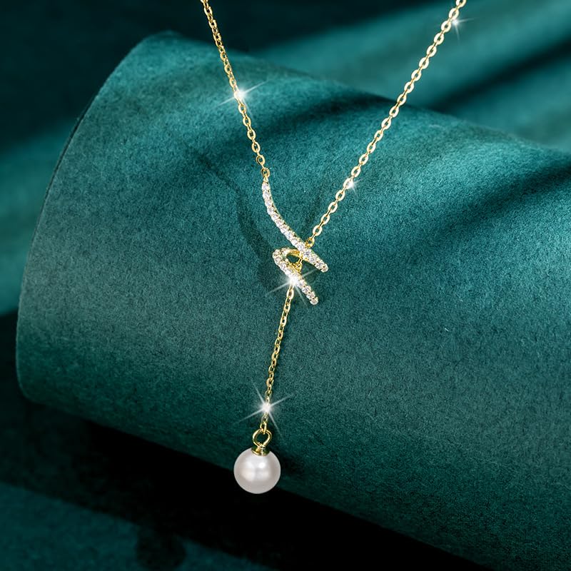 925 Sterling Silver Lariat Necklace for Women | Long 14K Gold Plated Y-Shaped Pearl Necklace CZ Crystal Ball Sparkle Necklace for Mother Daughter Bride Wedding Jewelry - color: Style 1-Gold