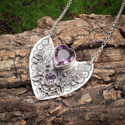 Love Amethyst Necklace Romantic Gift for Girlfriend Mom Valentine’s Day | Antique silver 3D leaf floral heart tag with double heart amethyst, skin-friendly alloy as romantic Valentine’s gift