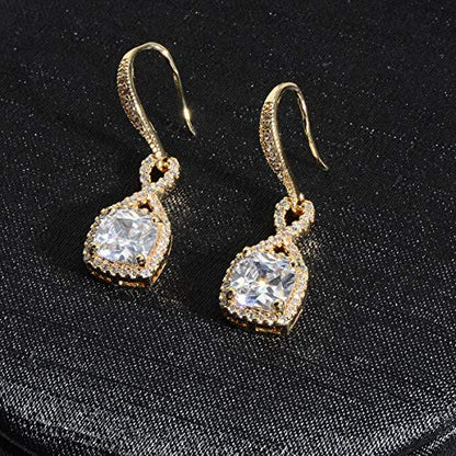 AMYJANE Crystal Jewelry Set for Women - Sterling Silver Square Cubic Zirconia CZ Bridal Pendant Necklace Earrings Set for Wedding Bride Bridesmaids Birthstone Fashion Jewelry Set - color: Gold-tone
