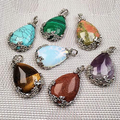 LE SKY Natural Stone Pendants Waterdrop Shape Mixed Crystal Agate Alloy Base Pendant Charms for Jewelry Making DIY Random 5 Pcs