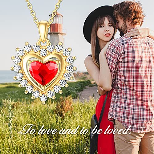 SISGEM 14K Real Gold Heart Necklace for Women,Yellow Gold Love Pendant Necklace Triple Hearts Jewerly Gifts for Birthday Anniversary 16+1+1 inch - color: Heart-Red Crystal