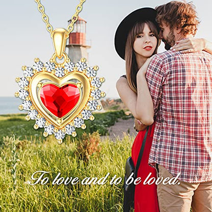 SISGEM 14K Real Gold Heart Necklace for Women,Yellow Gold Love Pendant Necklace Triple Hearts Jewerly Gifts for Birthday Anniversary 16+1+1 inch - color: Heart-Red Crystal