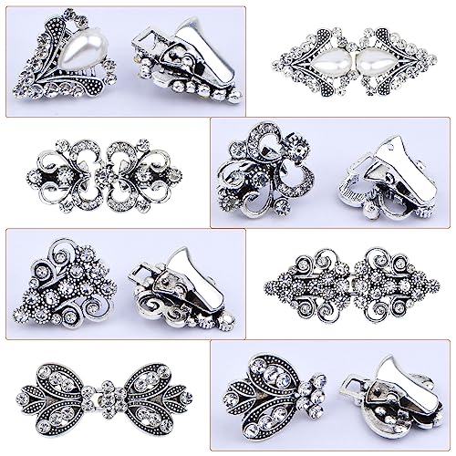4pcs Antique Silver Rhinestone Sweater Swirl Clips Vintage Flower Cape Cloak Clips Cardigan Shawl Collar Clasp Dress Shirt Brooch Clips for Women