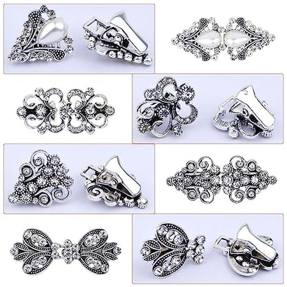 4pcs Antique Silver Rhinestone Sweater Swirl Clips Vintage Flower Cape Cloak Clips Cardigan Shawl Collar Clasp Dress Shirt Brooch Clips for Women