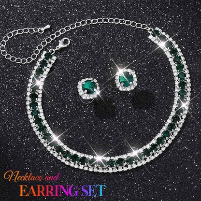 CLOACE Rhinestone Bridal Wedding Jewelry Set Sparkly Chocker Necklaces Earrings Prom Jewelry Accessories for Women - color: Green