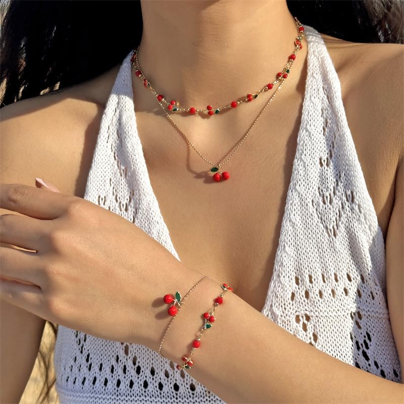 Tiny Red Cherry Fruit Necklace Bracelet Anklet Sweet Cherry Pendant Double Layered Gold Chain - color: red cherry necklace
