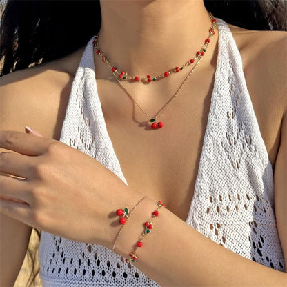 Tiny Red Cherry Fruit Necklace Bracelet Anklet Sweet Cherry Pendant Double Layered Gold Chain - color: red cherry necklace