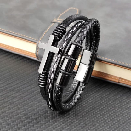 Multi-Layer Braided Leather Bracelets Mens Cross Leather Bracelet Wristband Religious Leather Bracelets Men Customized Gifts for Dad Husband Boyfriend Son - color: black, size: 8.66
