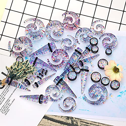 Qmcandy 00G-20mm Ear Stretching Kit 36PCS Big Gauge Taper Kit Large Acrylic Tunnel Plug Spiral Set - color: 36pcs, Glitter Rainbow