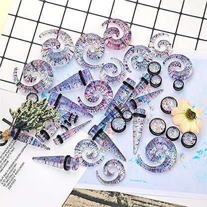 Qmcandy 00G-20mm Ear Stretching Kit 36PCS Big Gauge Taper Kit Large Acrylic Tunnel Plug Spiral Set - color: 36pcs, Glitter Rainbow