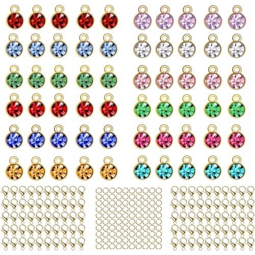 BetterJonny 260pcs Charms for Jewelry Making, 60pcs Gold Crystal Birthstone Charms Beads with 100 Lobster Clasps and 100 Jump Ring for Necklace Bracelet Earring - color: （#A）Gold Round