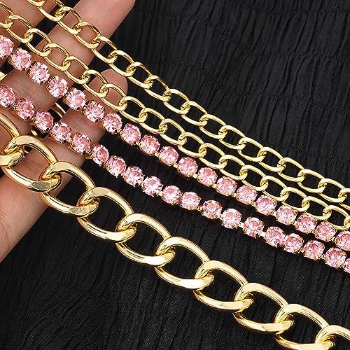 Suyi Multilayer Chain Belt Rhinestone Metal Chain Belts for Women Punk Gold Waist Chain - color: Gold Pink, size: M: 110 CM