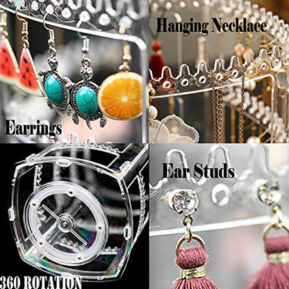 Sooyee 360 Rotating Earring Holder and Jewelry Organizer, Clear | 4 Tiers Earring Storage Display Classic Stand, 156 Holes and 160 Grooves for Necklaces Earrings Piercings - color: Clear