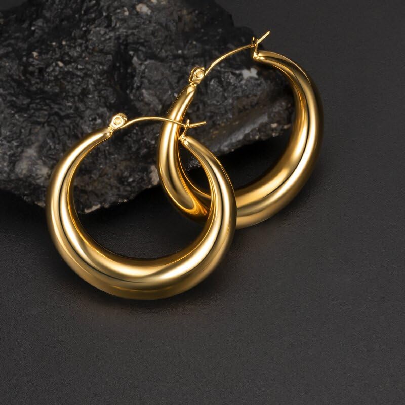 316L Chunky Stainless Steel Hoop Earrings, Fashionable Lightweight Hollow Open Hoops, Hypoallergenic Whtie Gold Plated Pipe Earrings for Women - style: 20mm, Yellow Gold