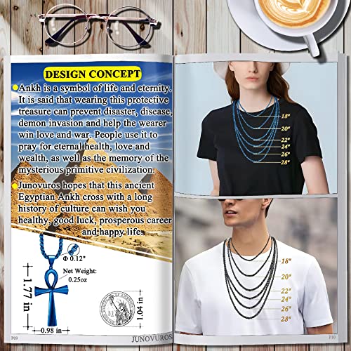 JUNOVUROS 18 to 28 Inches Rolo Chain Ancient Ankh Cross Pendant Necklace for Men Women Boys Girls 316L Stainless Steel with Large And Medium Sizes - color: H-Blue/Size:1.77 '' * 0.98 ", style: 18 Inches