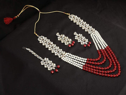 Aheli Wedding Party Wear Bridal Jewellery Choker Long Pearl Necklace Earrings Maang Tikka Indian Traditional Set Gift for Women - color: Maroon 3