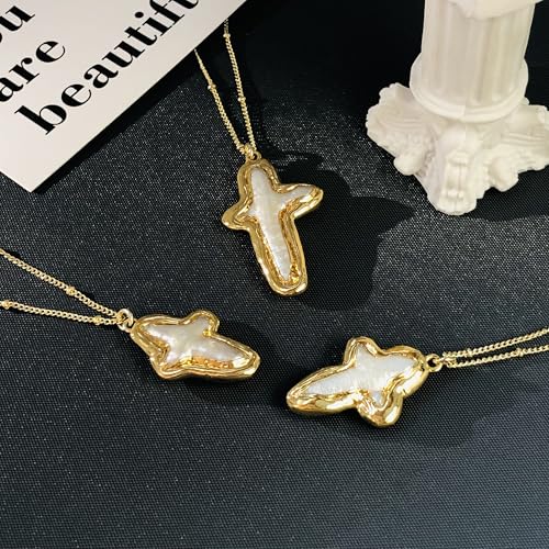 Zeffy 14K Gold/Silver Plated Chunky Thick Chain Toggle Clasp Necklace Dainty Baroque Pearl/Heart/Cross/Turquoise Pendant Necklace - color: Gold Baroque Pearl Cross Necklace