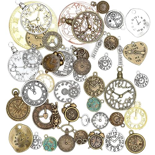 stino 100 G Mixed Style Metal Charms for Jewelry Making, Bulk Silver & Gold Plated, for Bracelet, Necklace, Earrings DIY Crafts - style: Clock
