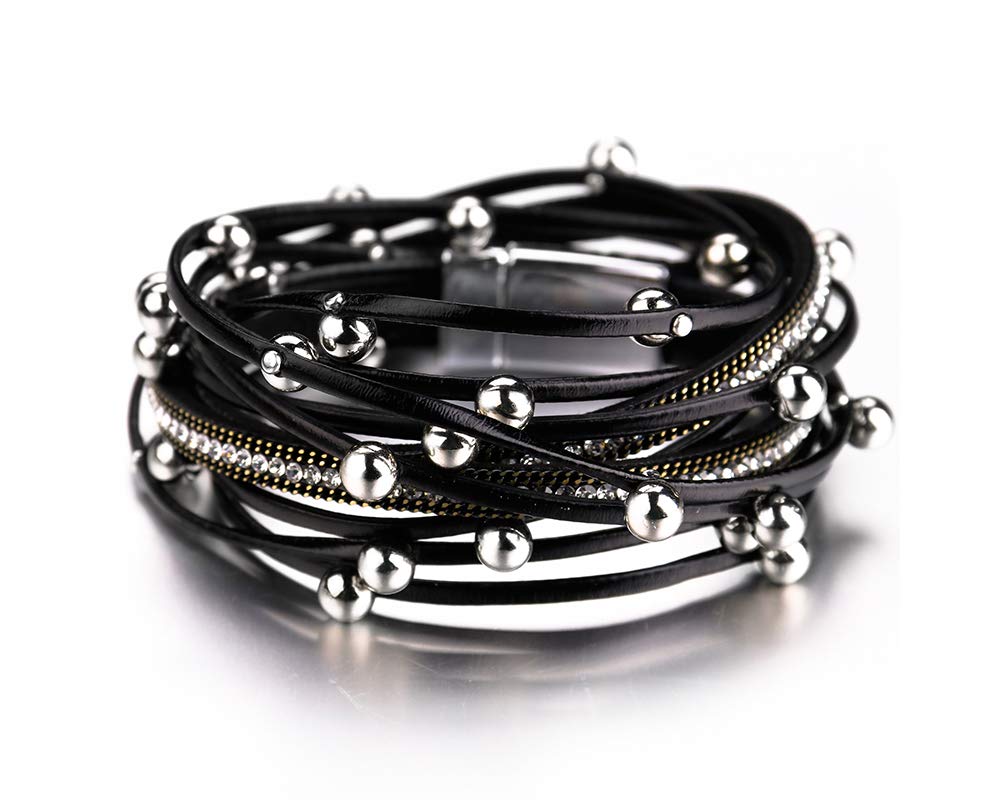 Fesciory Leather Wrap Bracelets for Women, Boho Western Layered Jewelry | Layered leather cuff bracelets, Easy on and off, Boho western style, Daily wear, Gift for women - color: Black 2