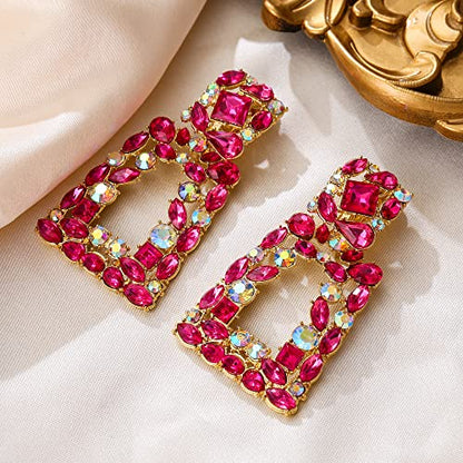 Flyonce Rectangle Clip-on Drop Earrings for Women, Sparkly Rhinestone Crystal Geometric Statement Non Pierced Earring Wedding Prom Party Jewelry for Brides Bridesmaid - color: Hot Pink