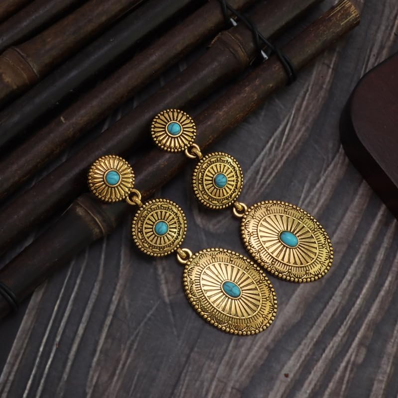 Boho Western Earrings for Women Western Feather Earrings Vintage Concho Turquoise Teardrop Dangle Earrings Country Concert Jewelry Accessories - style: Gold Turquoise Dangle