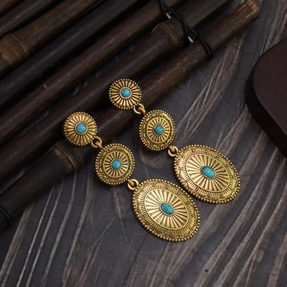Boho Western Earrings for Women Western Feather Earrings Vintage Concho Turquoise Teardrop Dangle Earrings Country Concert Jewelry Accessories - style: Gold Turquoise Dangle
