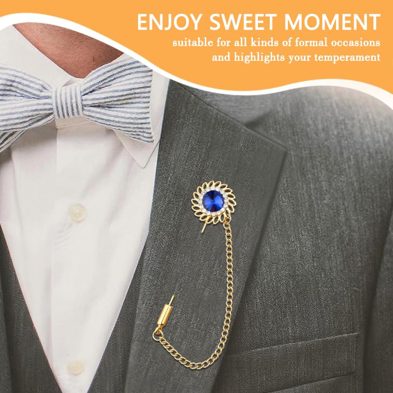 Mens Sunflower Lapel Pin Crystal Rhinestone Brooches for Men Hanging Chain Brooch Suit Pin Flower Lapel Pins for Men Wedding Business Party - color: Blue