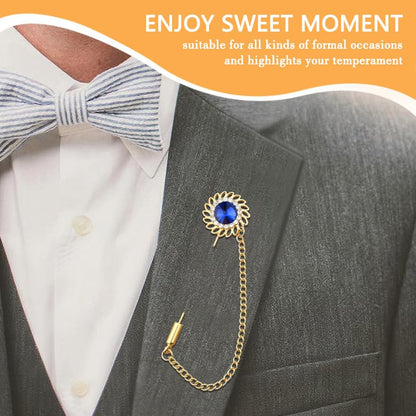 Mens Sunflower Lapel Pin Crystal Rhinestone Brooches for Men Hanging Chain Brooch Suit Pin Flower Lapel Pins for Men Wedding Business Party - color: Blue